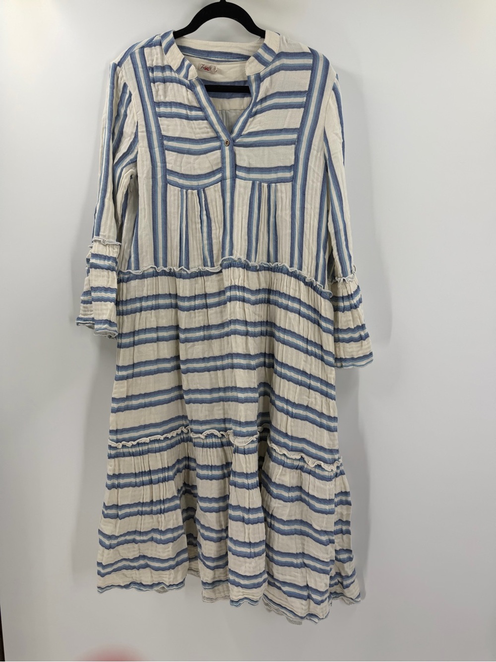 Faherty Cream and Blue Striped Cotton Tiered Midi Dress